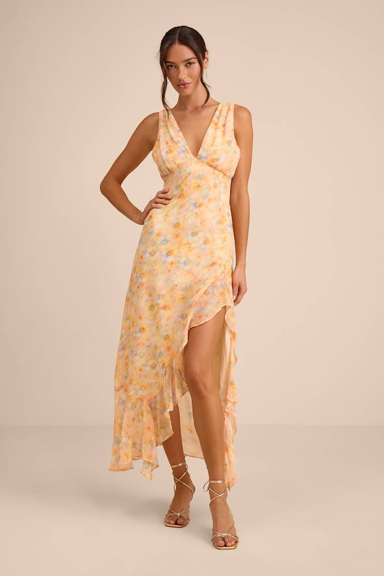 Peach Multi Floral Ruffled Cowl Back Maxi Dress | Womens | X-Small (Available in S, M, L, XL) | 100% Polyester | Lulus