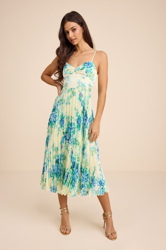 Yellow Floral Dress - Satin Pleated Dress - A-Line Midi Dress - Lulus