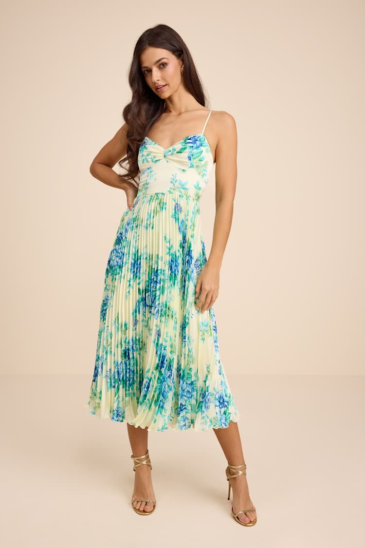 Yellow Floral Satin Pleated Midi Dress | Womens | X-Large (Available in XXL, S, M, L) | 100% Polyester | Lulus
