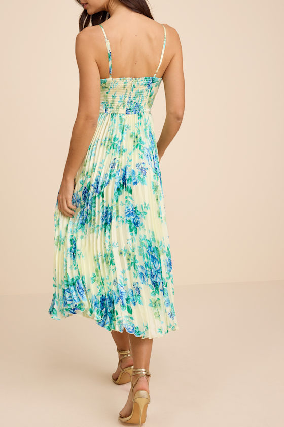 Francette Yellow Floral Satin Pleated Midi Dress - thumbnail 3