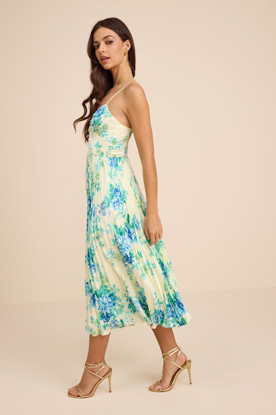 Francette Yellow Floral Satin Pleated Midi Dress - thumbnail 4