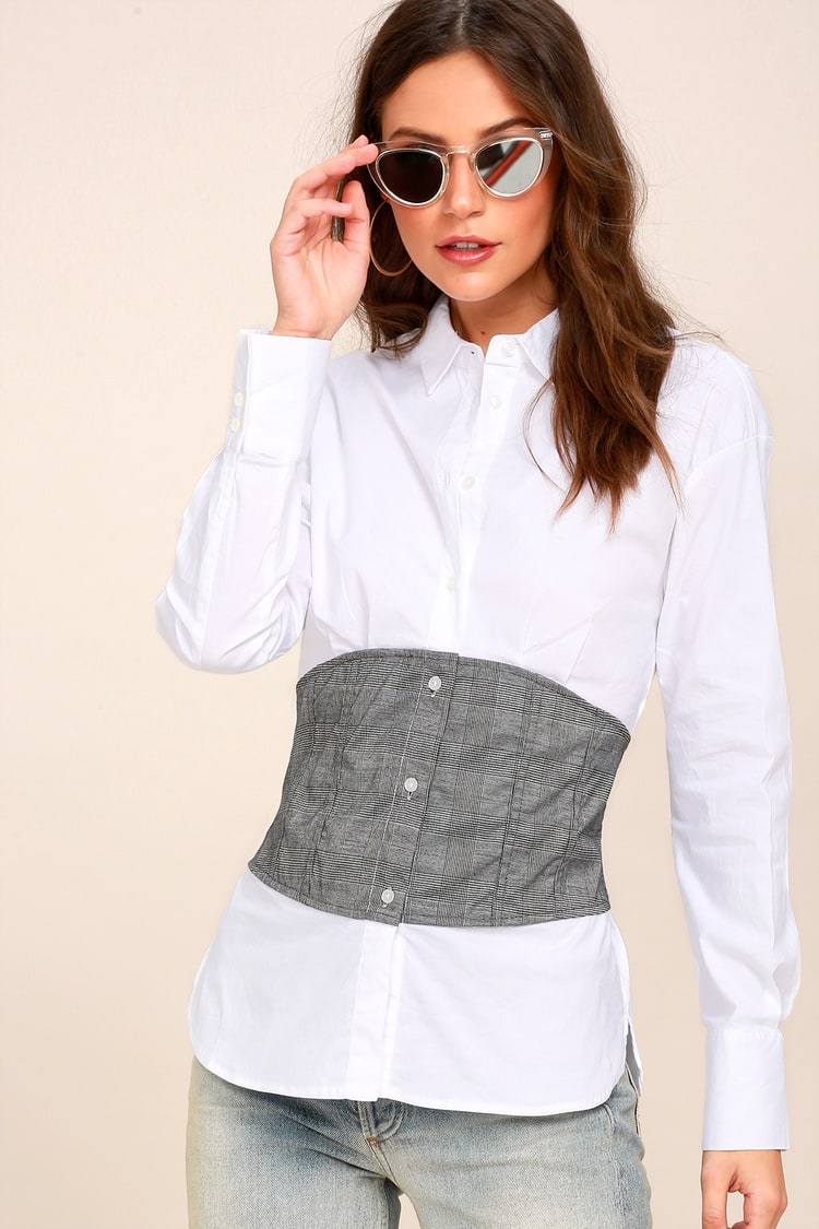Trendy Black and White Button-Up Top - Corset Top - Lulus