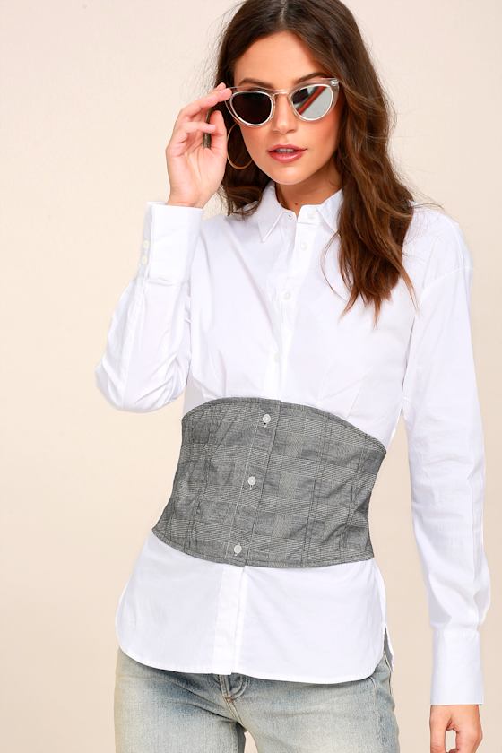 Brighley Grey and White Corset Button-Up Top 1