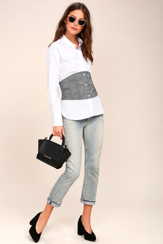 Brighley Grey and White Corset Button-Up Top 2