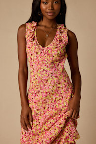 Renea Pink Multi Floral Ruffled Sleeveless Midi Dress 1