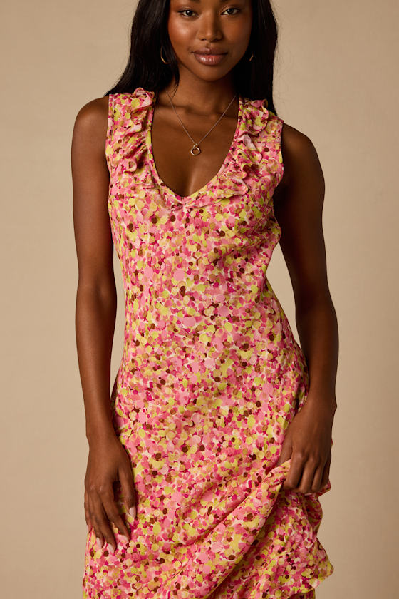 Renea Pink Multi Floral Ruffled Sleeveless Midi Dress 1
