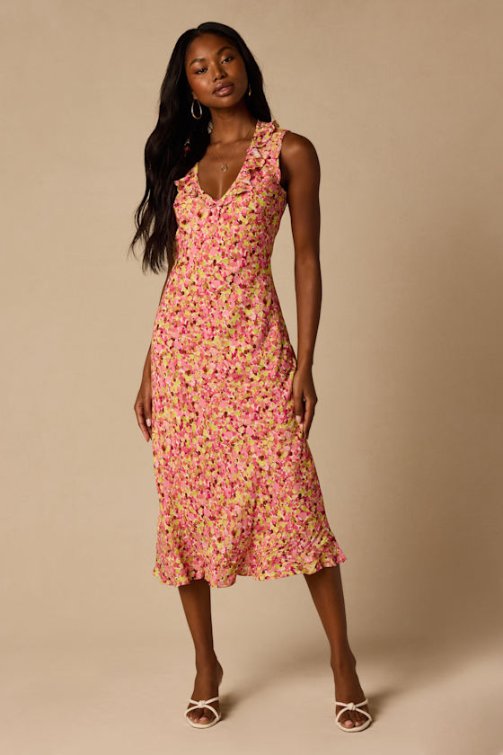 Renea Pink Multi Floral Ruffled Sleeveless Midi Dress 2