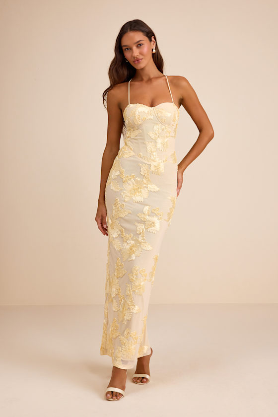 Image of Nantessa Light Yellow Floral Applique Lace-Up Maxi Dress