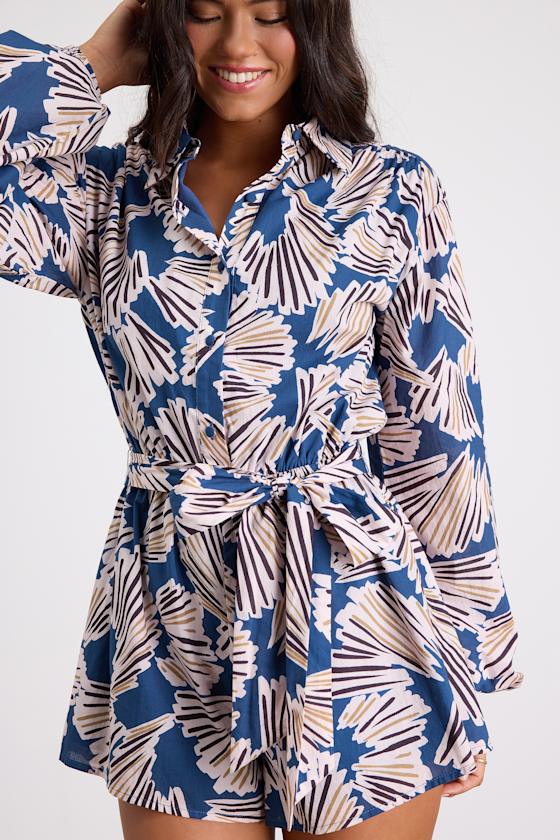 Dimora Blue Abstract Print Long Sleeve Collared Romper - thumbnail 2