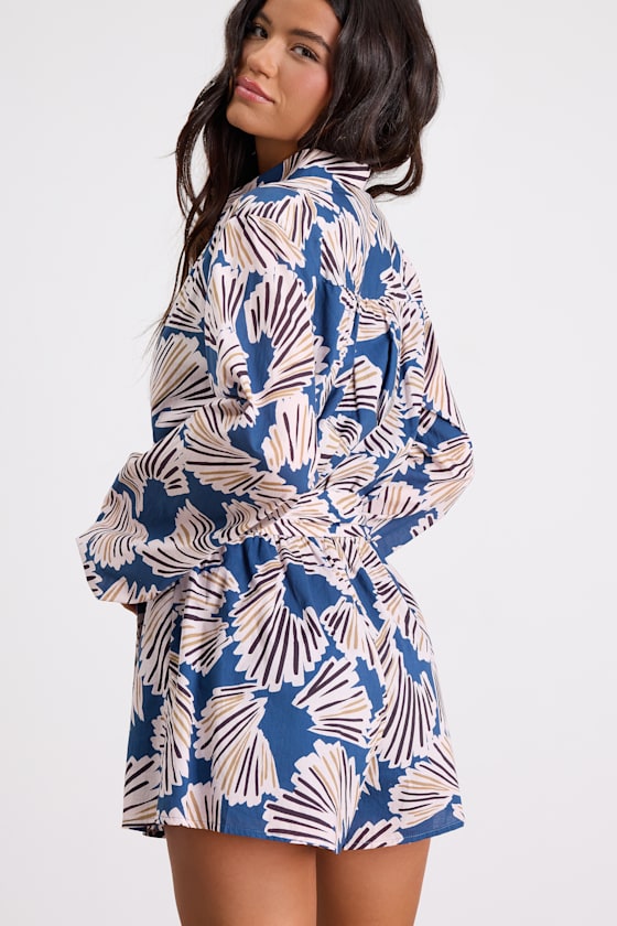 Dimora Blue Abstract Print Long Sleeve Collared Romper - thumbnail 3