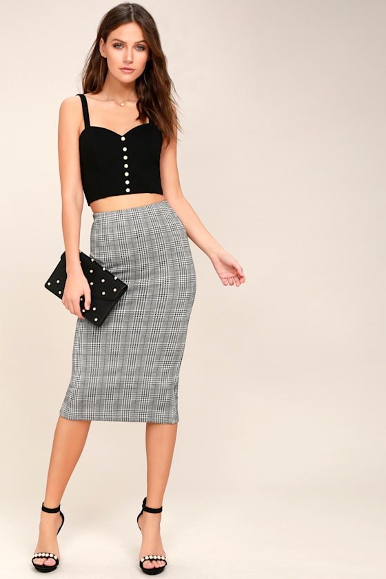 Chic Houndstooth Print Skirt Midi Skirt Pencil Skirt Lulus