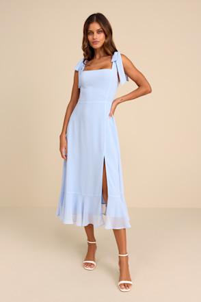 Light Blue Chiffon Dress - Tie-Strap Dress - Tiered Midi Dress - Lulus