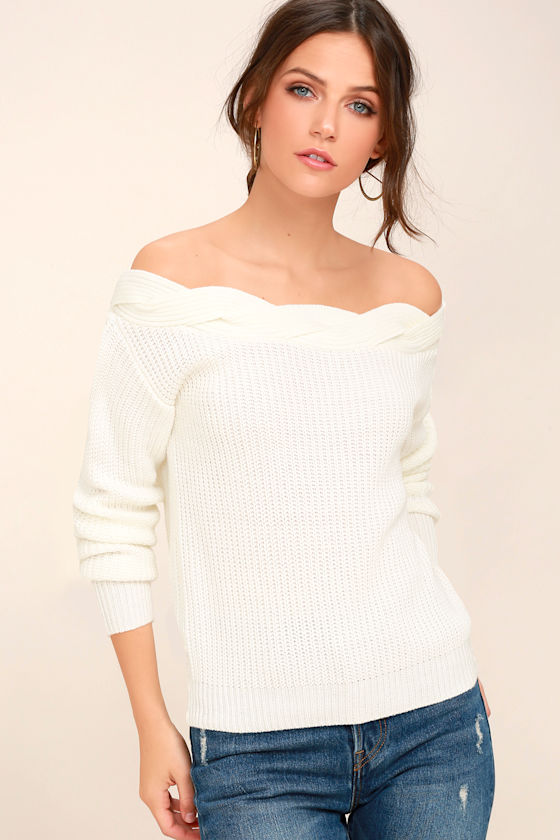 Weatherley White Off-the-Shoulder Knit Sweater 1