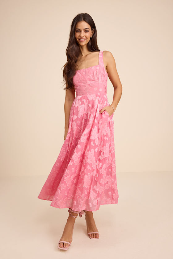 Image of Loira Pink Burnout Jacquard Lace-Up Midi Dress