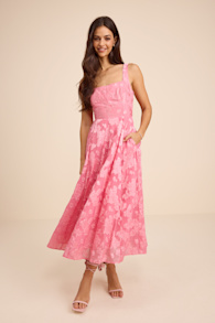 Loira Pink Burnout Jacquard Lace-Up Midi Dress 1