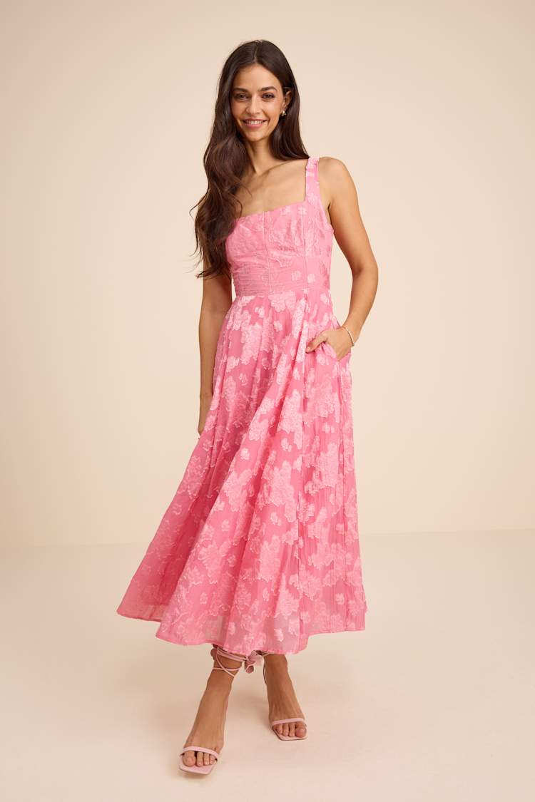pink floral organza jacquard underwired shift dress Hibiscus Pink Strapless Floral Jacquard Column Bridesmaid Dress With Back Slit In Hibiscus Pink Multi