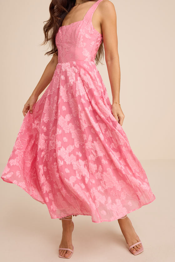 Pink Floral Burnout Dress - Lace-Up Midi Dress - A-Line Dress - Image 2