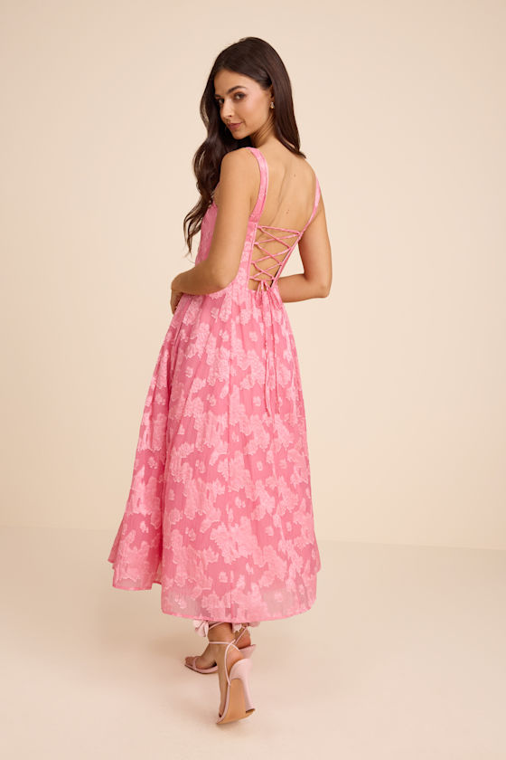 Pink Floral Burnout Dress - Lace-Up Midi Dress - A-Line Dress - Image 3