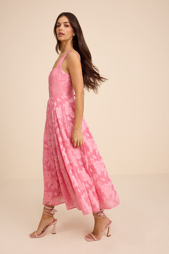 Pink Floral Burnout Dress - Lace-Up Midi Dress - A-Line Dress - Image 4