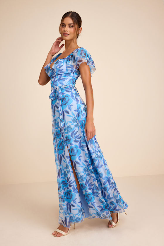 Sensationally Sweeter Blue Floral Ruffled Maxi Dress - thumbnail 4