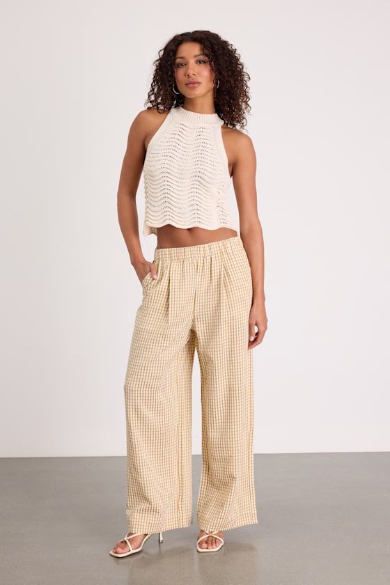 Tilly Tan Gingham Mid-Rise Wide-Leg Pants 2