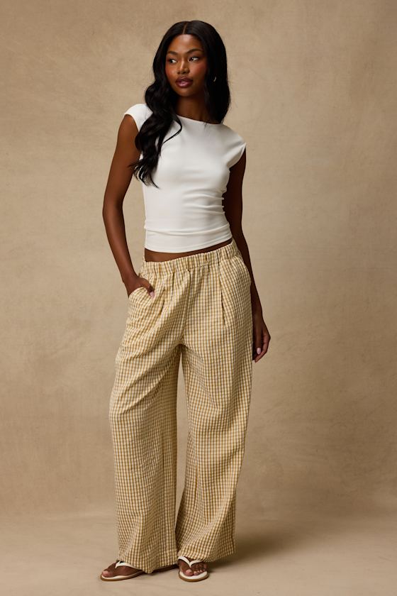 Tilly Tan Gingham Mid-Rise Wide-Leg Pants 2