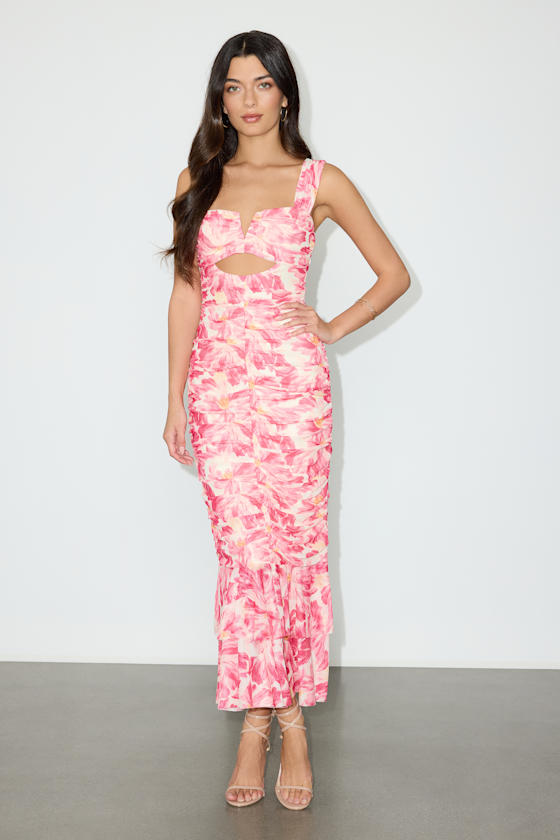 Pink Floral Mesh Dress - Mesh Knit Dress - Ruched Floral Dress - Lulus