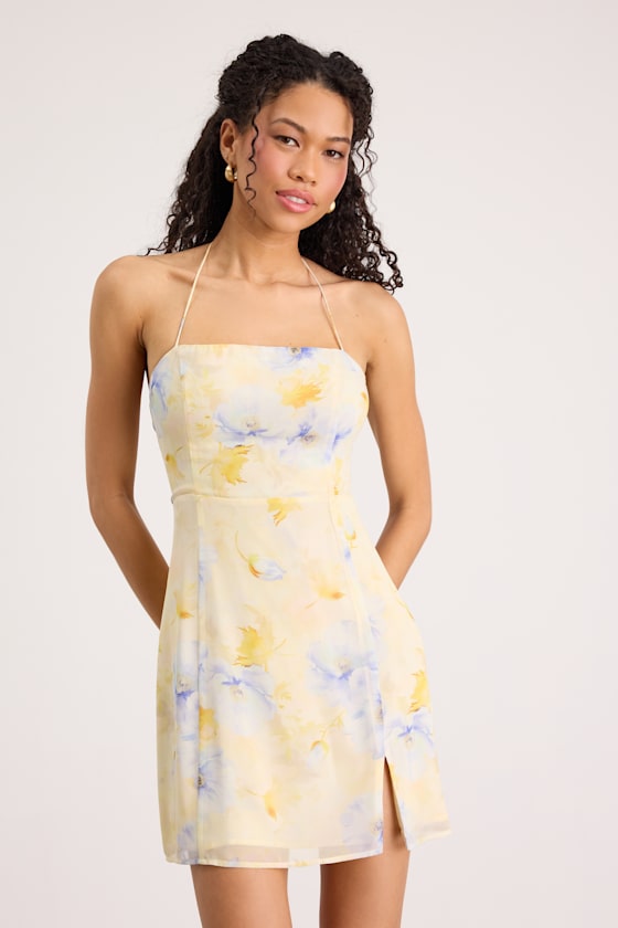 Catch the Bouquet Light Yellow Floral Halter Lace-Up Mini Dress 1