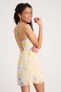 Catch the Bouquet Light Yellow Floral Halter Lace-Up Mini Dress 3