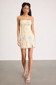 Catch the Bouquet Light Yellow Floral Halter Lace-Up Mini Dress 4