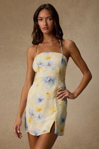 Catch the Bouquet Light Yellow Floral Halter Lace-Up Mini Dress 2