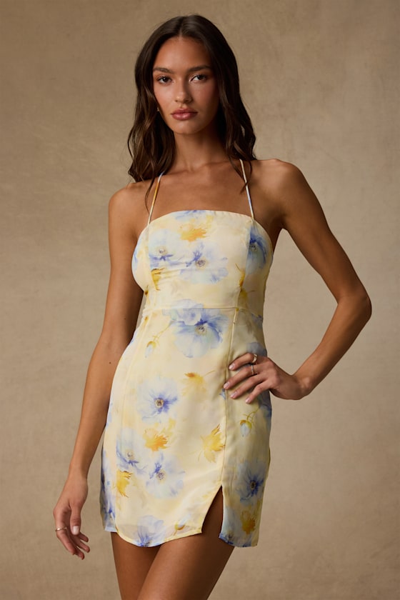 Catch the Bouquet Light Yellow Floral Halter Lace-Up Mini Dress 2