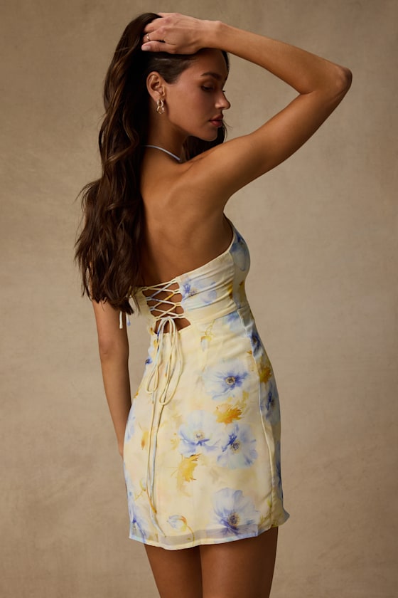 Catch the Bouquet Light Yellow Floral Halter Lace-Up Mini Dress 4