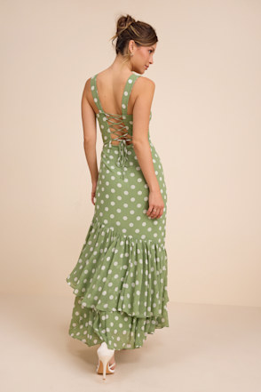 Green Polka Dot Lace-Up Tiered Maxi Dress | Womens | Small (Available in XXS, XS, M, L, XL) | 100% Polyester | Lulus Green Polka Dot Lace-Up Tiered Maxi Dress | Womens | Small (Available in XXS, XS, M, L, XL) | 100% Polyester | Lulus