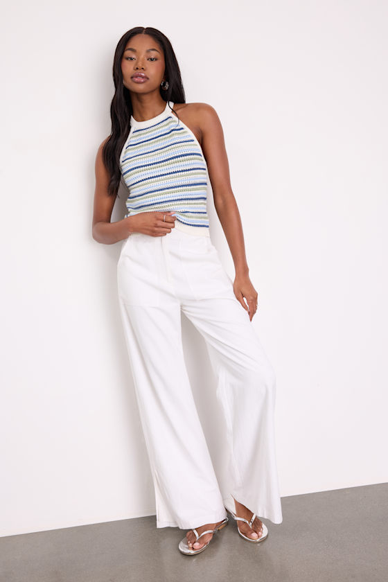 Ivory & Blue Striped Tank Top - Crochet Knit Tank Top - Tank Top