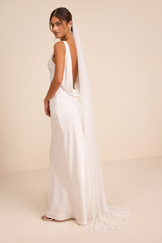 Rosewood White Tulle Beaded Long Veil 1