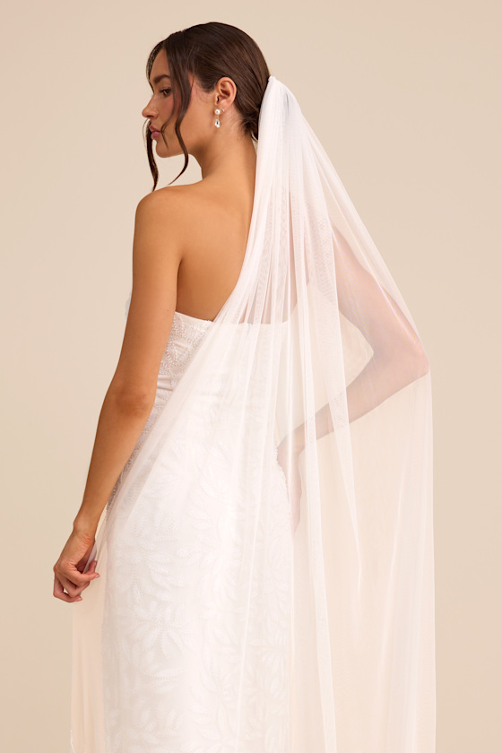 Gliona White Mesh Beaded Long Veil - thumbnail 2