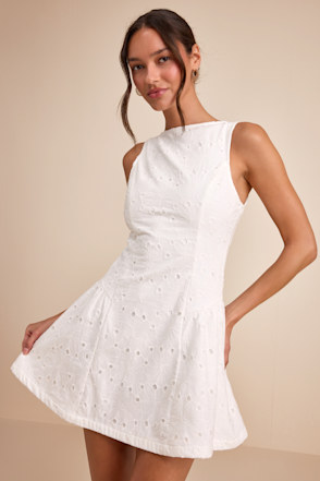 White Eyelet Embroidered Dress - Fit-and-Flare Dress - White Mini - Lulus
