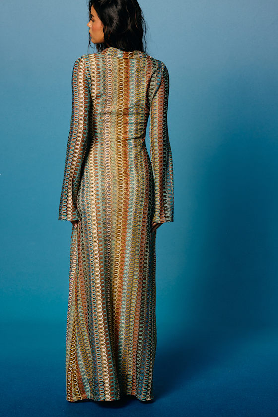 Vernazza Brown Multi Crochet Collared Long Sleeve Maxi Dress - thumbnail 4
