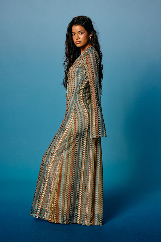 Vernazza Brown Multi Crochet Collared Long Sleeve Maxi Dress - thumbnail 5