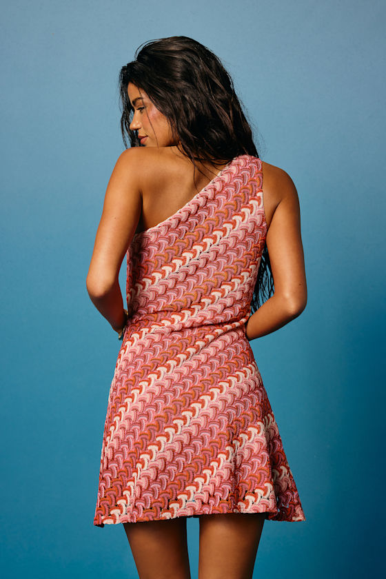 Augustine Pink Multi Crochet One-Shoulder Mini Dress 2