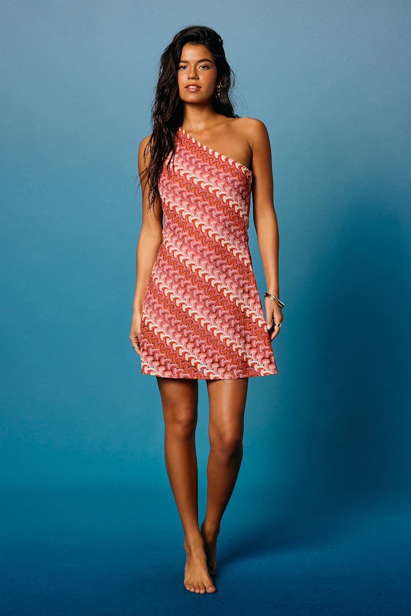 Pink Multi Crochet One-Shoulder Mini Dress | Womens | Large | 100% Polyester | Lulus