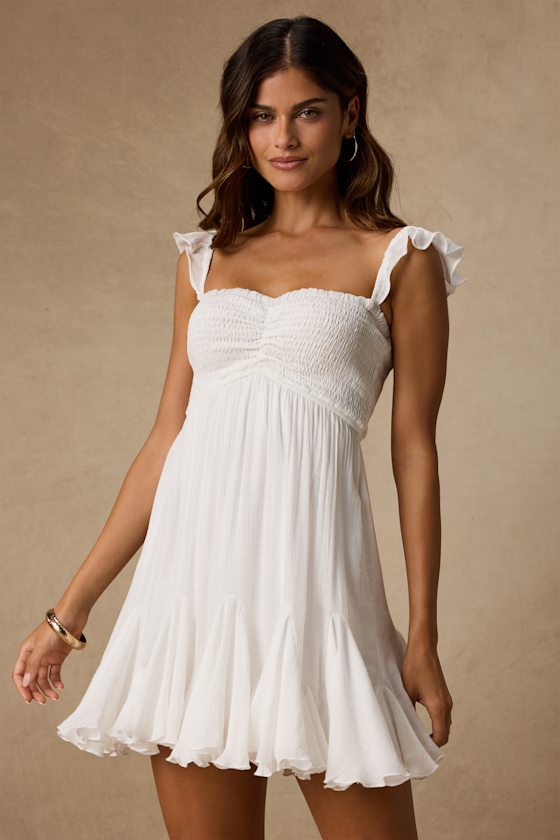 Myra White Smocked Babydoll Mini Dress 1
