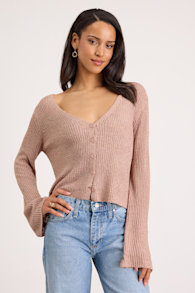 Springtime Sweetie Taupe Loose Knit Cardigan Sweater 1