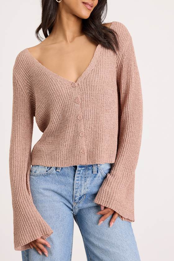 Springtime Sweetie Taupe Loose Knit Cardigan Sweater 2