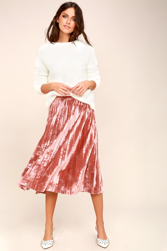 Hathaway Blush Pink Velvet Pleated Midi Skirt 2