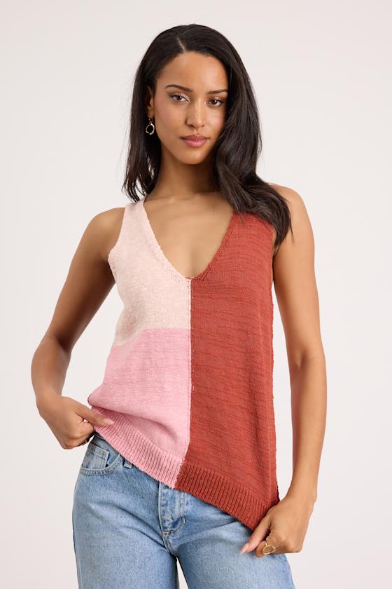 Modern Look Pink and Rust Color Block Sweater Knit Tank Top 1