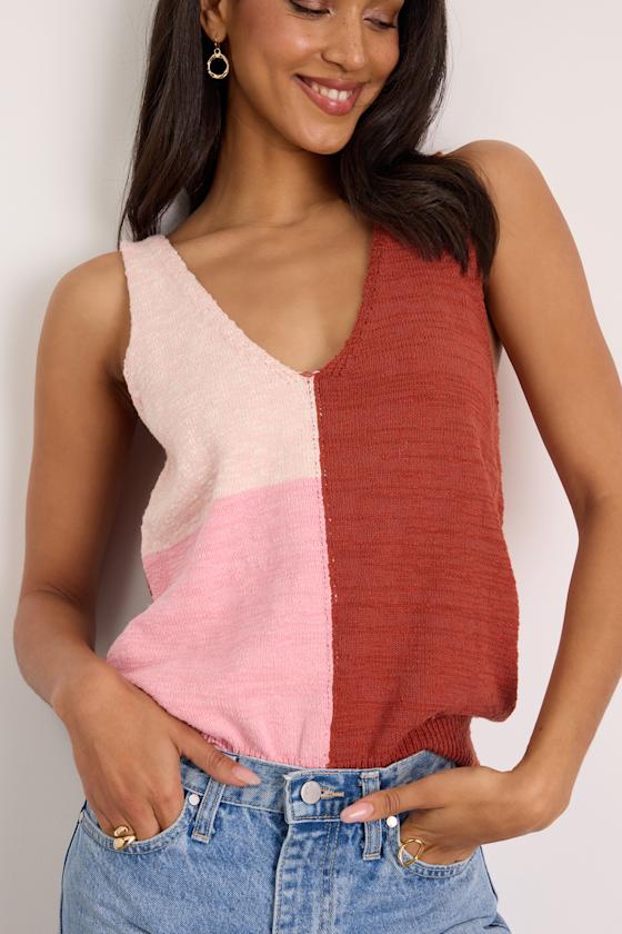 Modern Look Pink and Rust Color Block Sweater Knit Tank Top 2