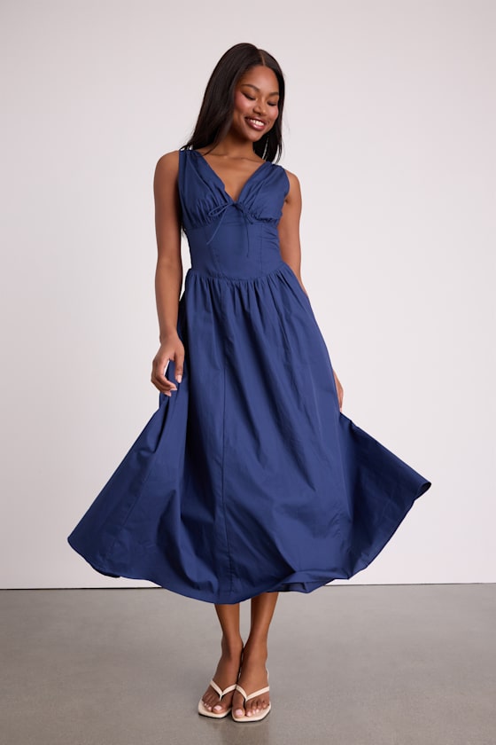 Lettie Navy Poplin Plunge Neck Midi Dress 1