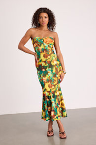 Islay Green Multi Abstract Mesh Strapless Midi Dress 1